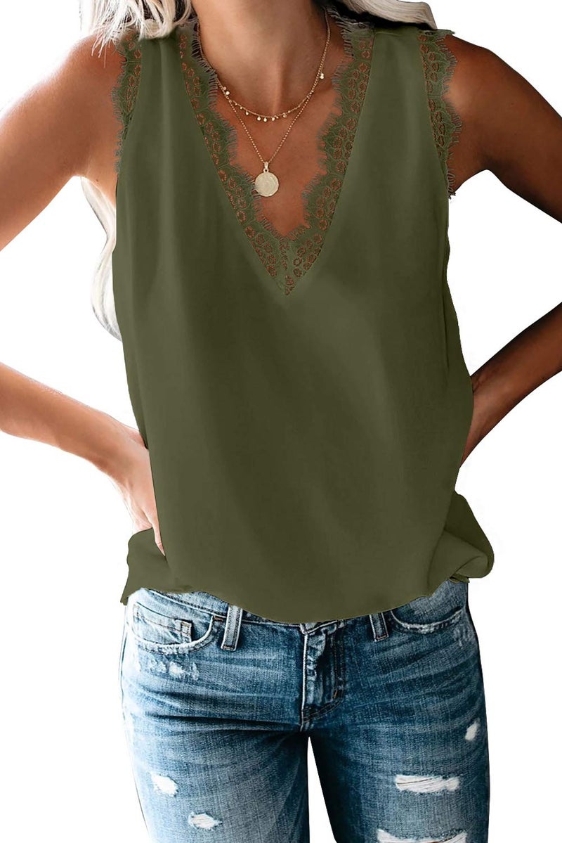 lime flare Women Summer Lace Trim Satin Cami Tank Tops Dressy Silk Lacy Camisole Shirt Blouse(Army Green Eyelash Lace,S) - Image 1